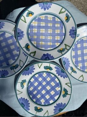Caleca Arioso Hand-Painted Floral Plaid Dinner Plates - Blue & Yellow - Set of 5